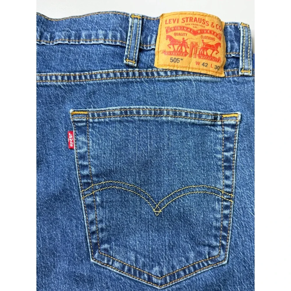 Levis 505 Jeans Mens 42x30 Blue Regular Fit Straight Leg Stretch Denim